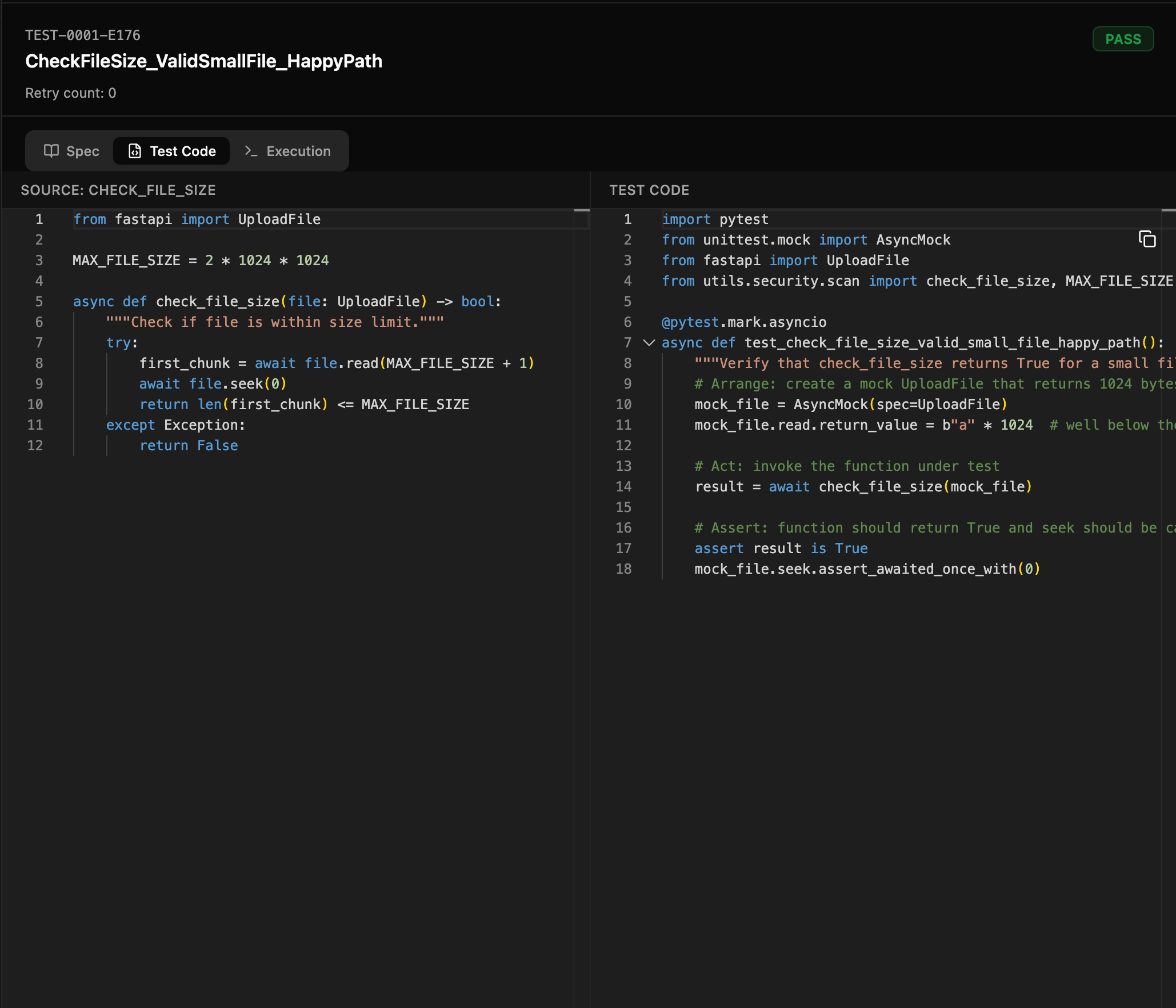 TESTR code review view showing source code on the left and generated test code on the right.