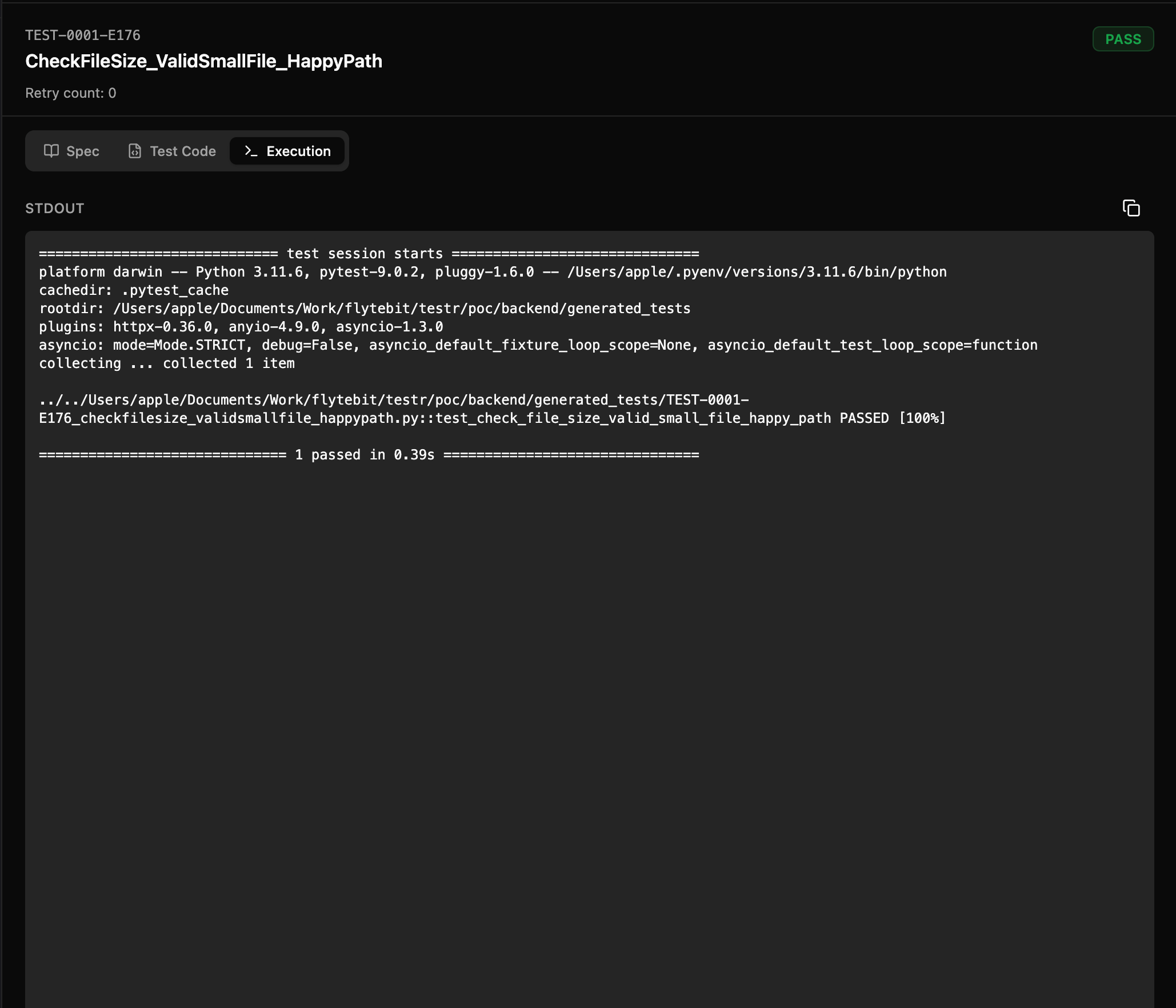 TESTR execution view showing pytest output for a generated UTC with a pass status.