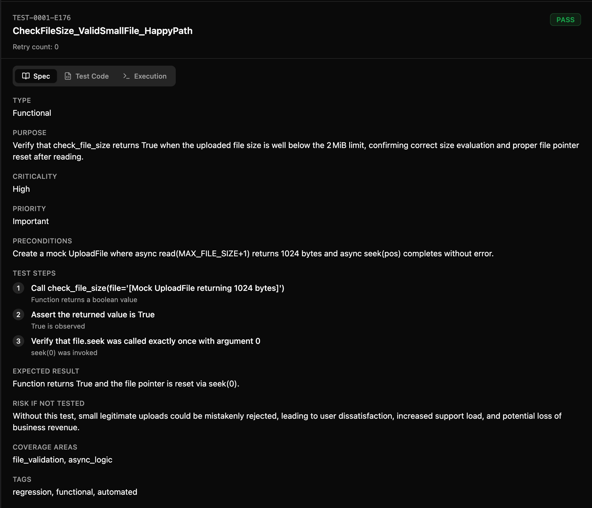 TESTR UTC detail view showing specification, test purpose, preconditions, steps, and expected result.
